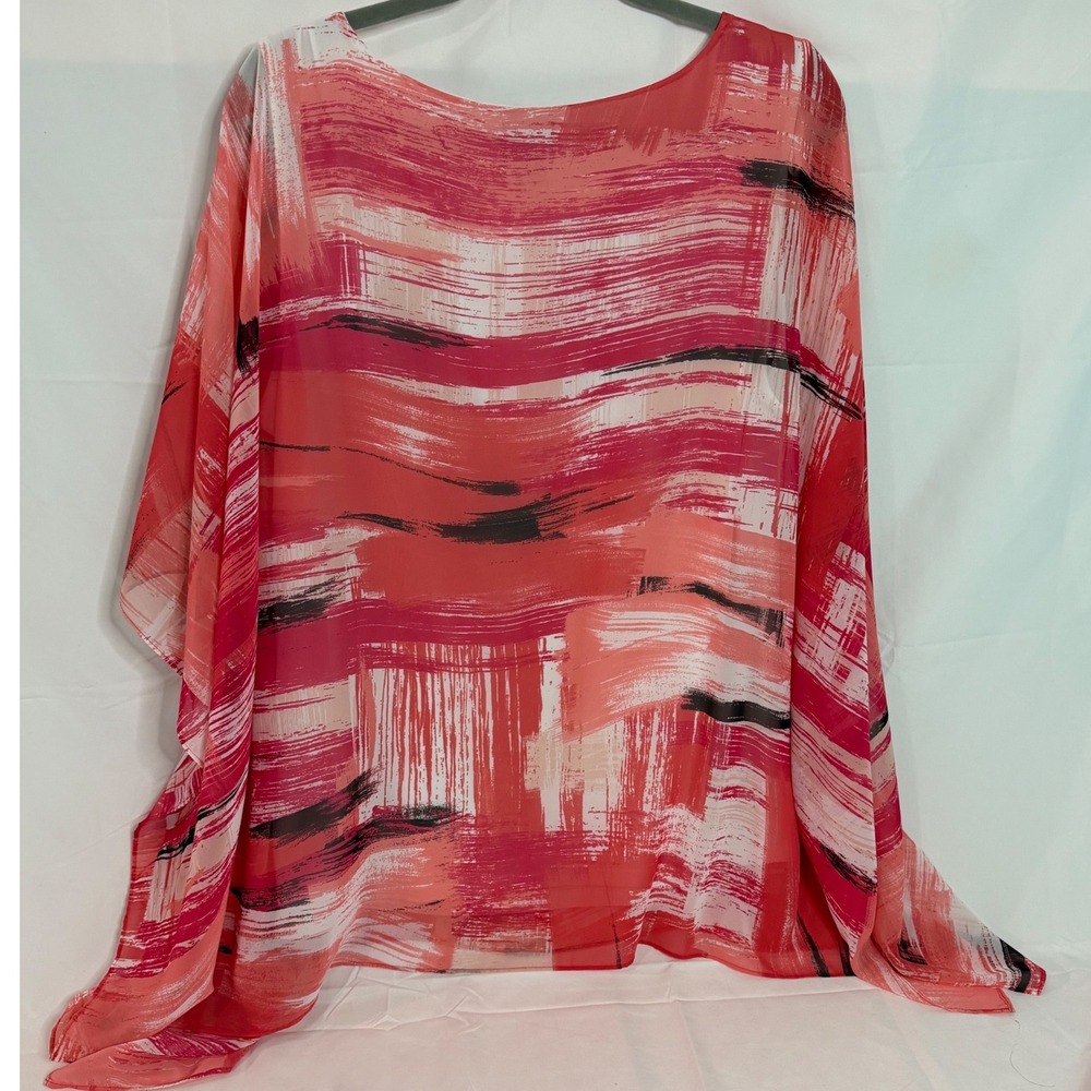 JM Collection Womens 2X Abstract Print Poncho Top with Tank Set Coral Pink Red